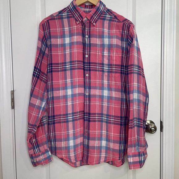 Southern Tide Linen Trim Fit Skipjack Pink Blue Plaid Button Up Shirt Medium M - Picture 1 of 14